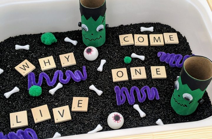 Frankenstein sensory bin for Halloween