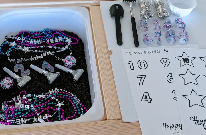 New Year's Sensory Bin with free printable
