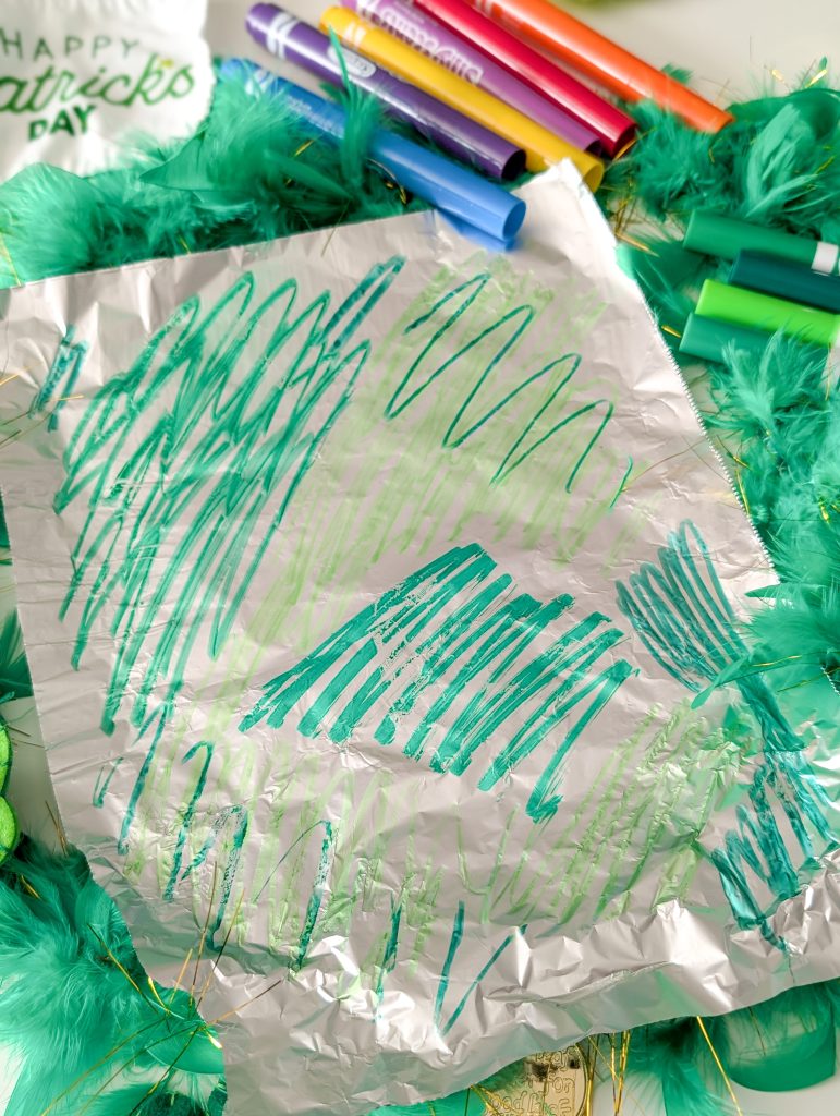 marker and foil St. Patrick's Day prints, St. Patrick's Day crafts for kids, St. Patrick's Day activities for kids